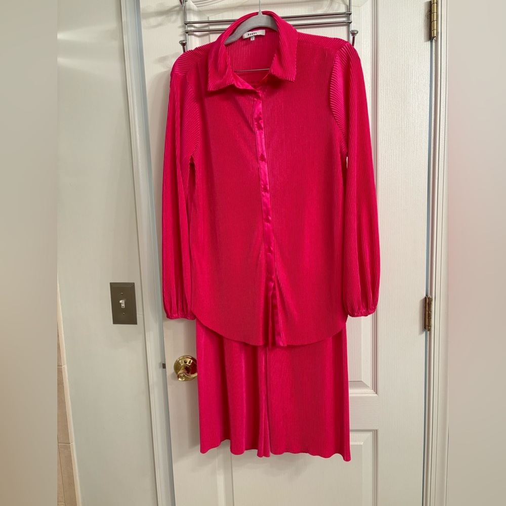 Vibrant Pink Button-Up Blouse and Pants Set